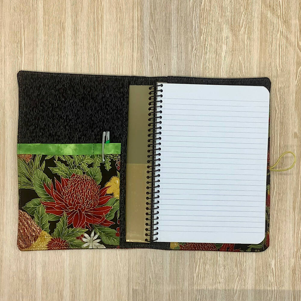 Australian Waratah floral refillable A5 fabric notebook cover gift set - Incl. book and pen.