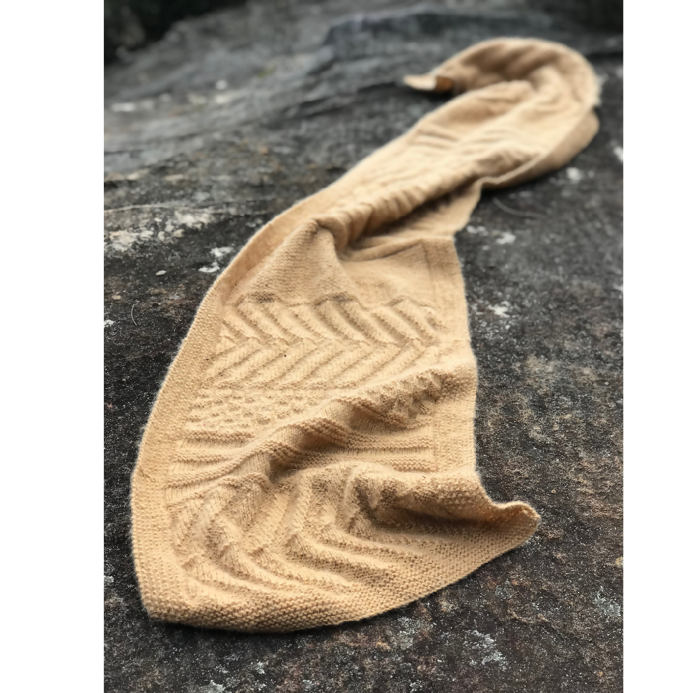 Tan Guernsey wrap. Extra long Scarf. Textured shawl. Knitted Slow fashion.