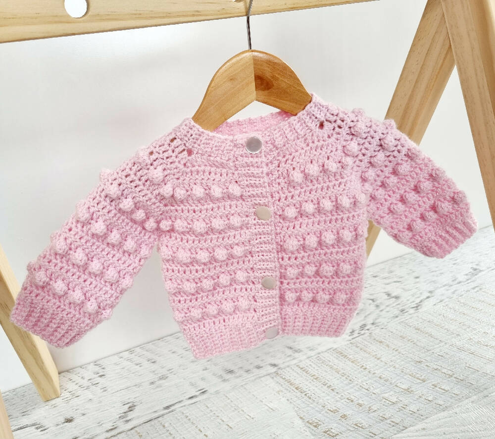 Baby Cardigan Pink Hand Crocheted Bobble Jacket 0-3 months