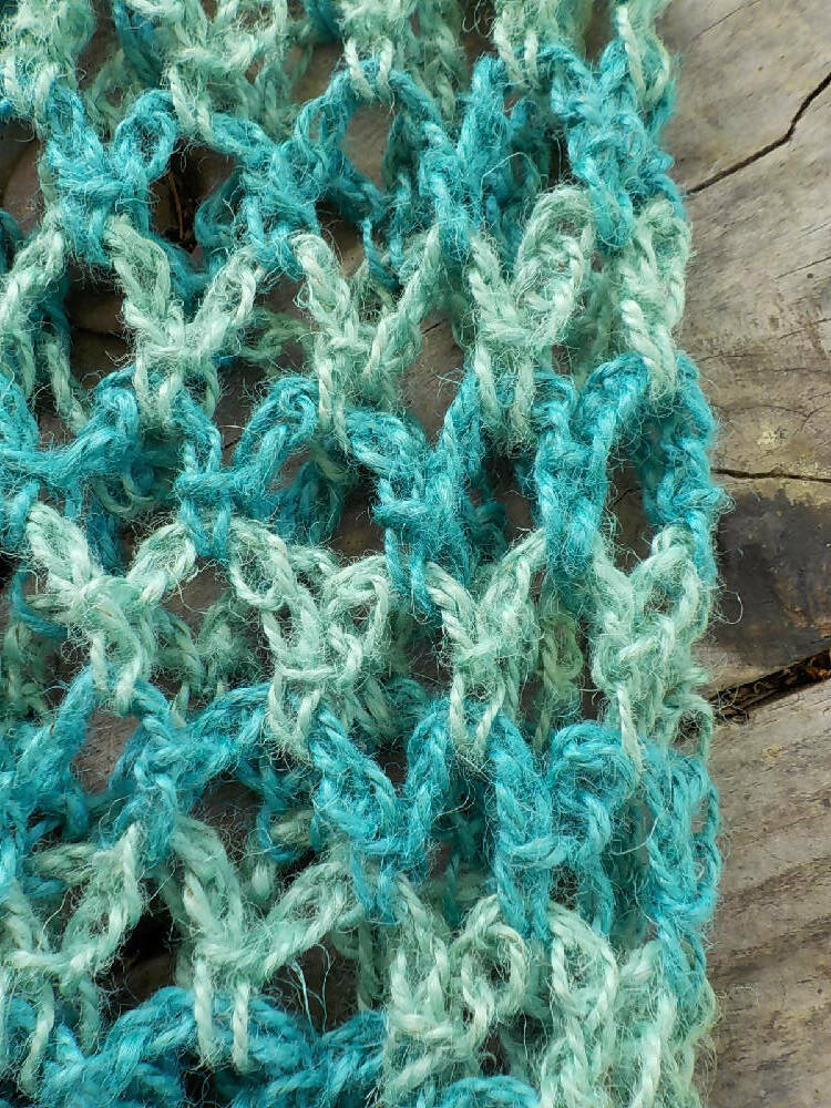 crocheted shopping carry string bag made from blue hemp