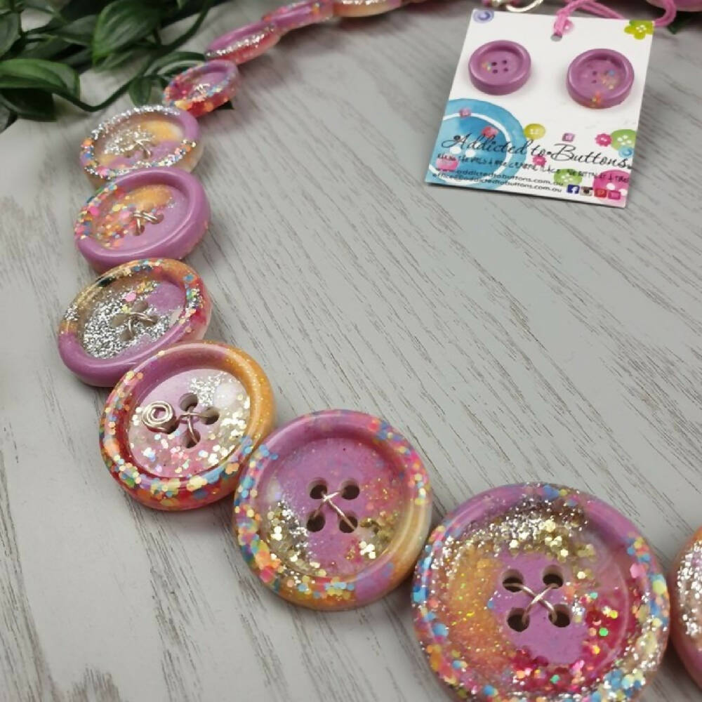 Button Necklace Pink Sparkle Handcast Resin Buttons & Earrings Jewellery