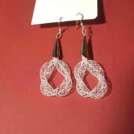 Dangle Earrings. White and silver nylon mesh.
