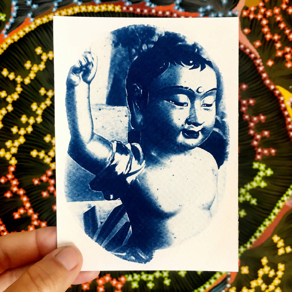 Buddha Art Print, Postcard Sized Original Cyanotype, approx 4x6 inches