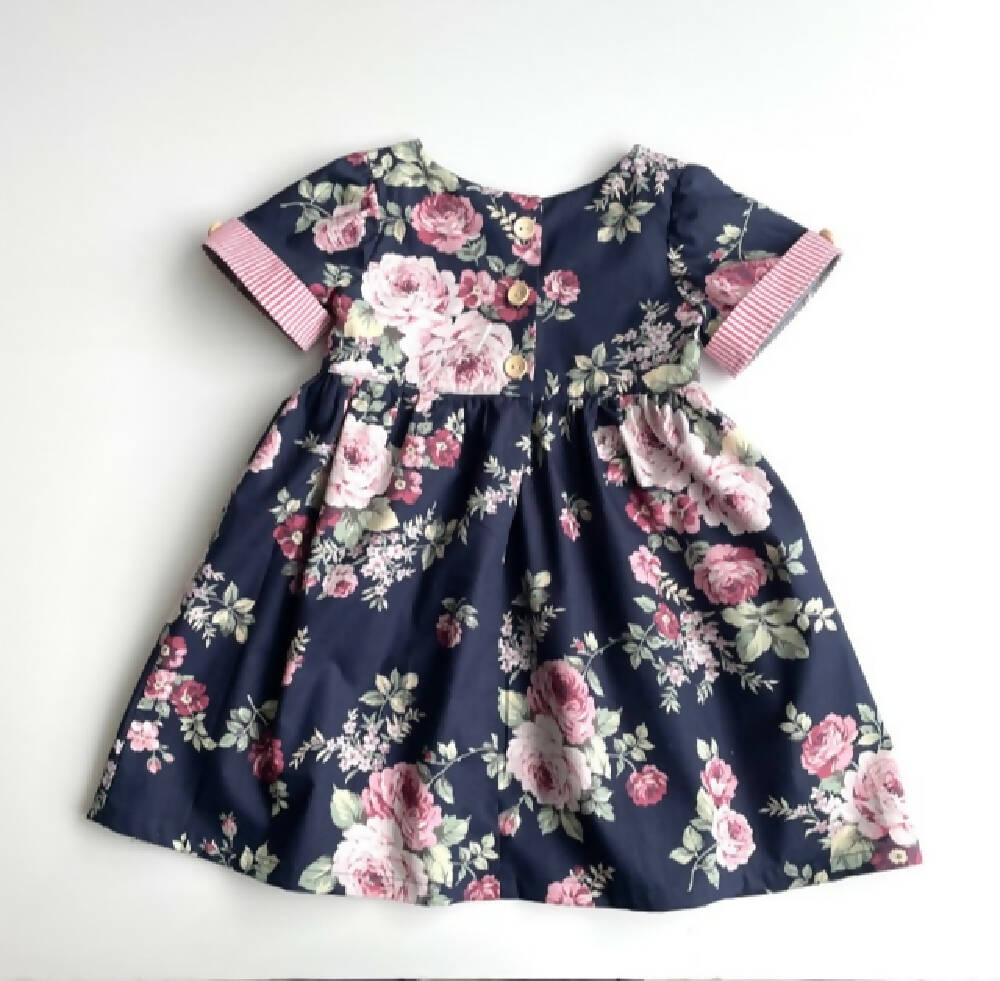 Girls Floral Dress with Candy Stripe Sleeve Trim