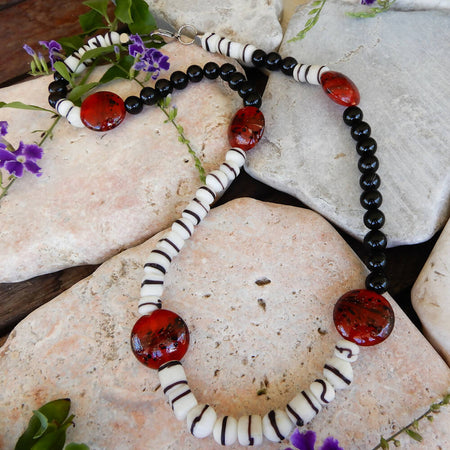 Black, White & Red Beaded Necklace 