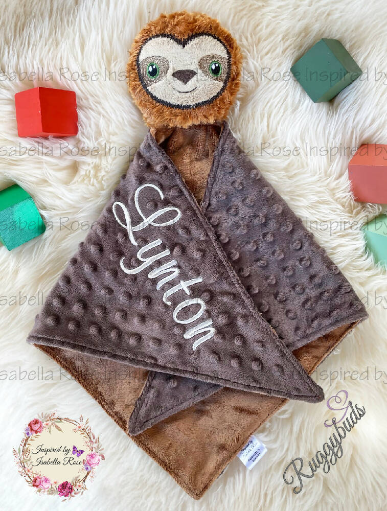 Baby comforter, Embroidered name, Sloth themed Ruggybud, Made to order