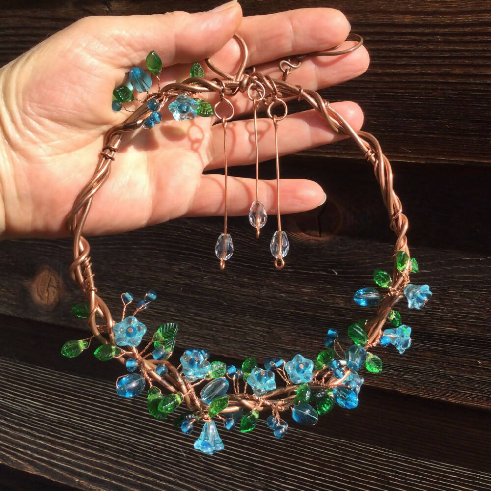 Wreath: Aqua Bell Flower and Green Leaves Glass Beads
