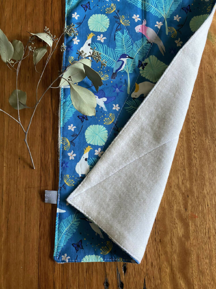 burp cloth - cockatoos galahs teal / organic cotton hemp fleece / baby toddler
