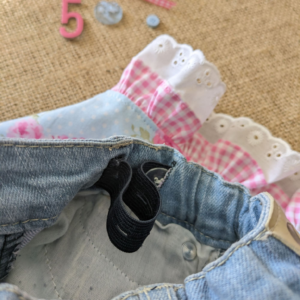 Girls Skirt Upcycled Denim Pink Posies Gingham and lace Size 5