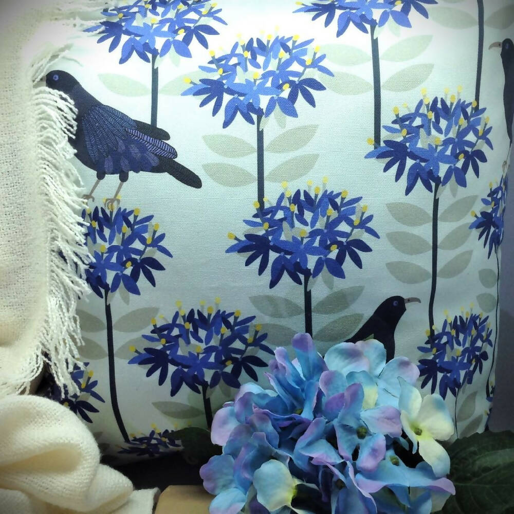 Floral cushion cover-bird print-blue and grey.
