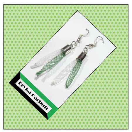Dangle earrings green and white nylon mesh