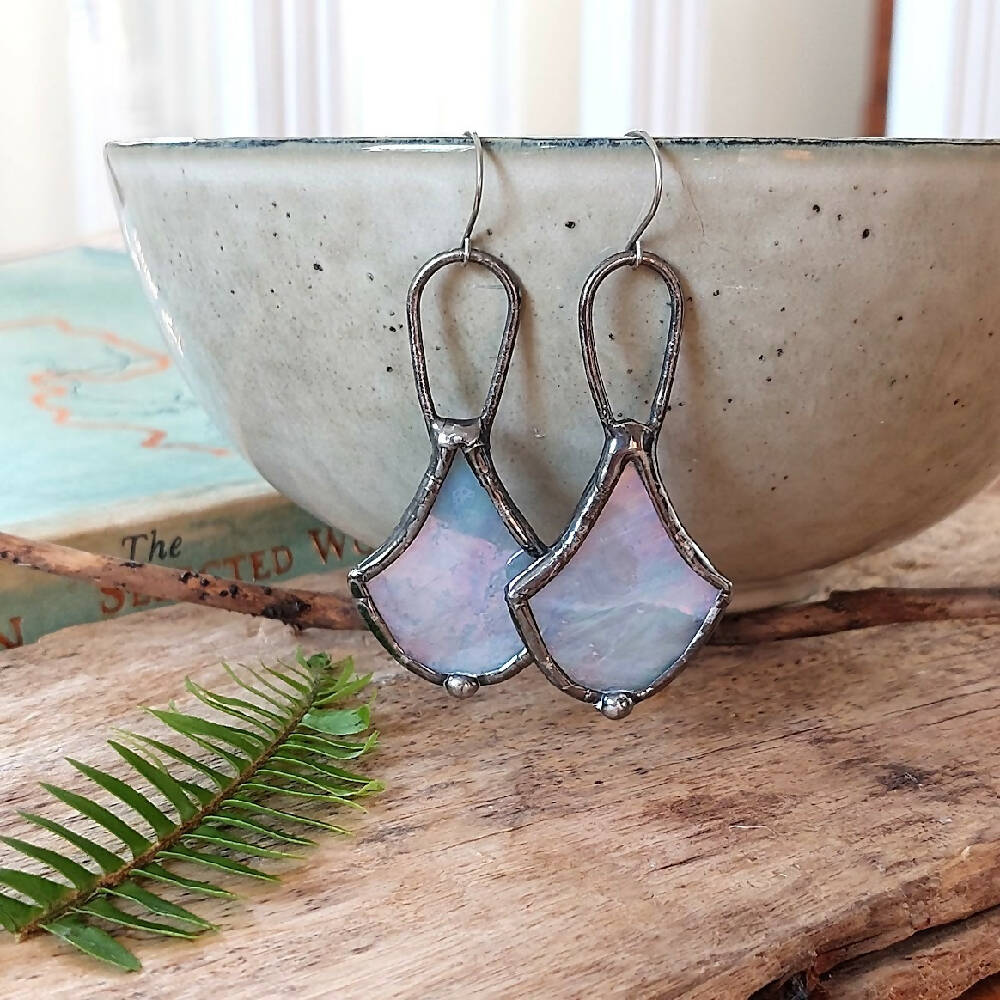 Iridescent stained glass artisan soldered earrings, mermaid scale earrings