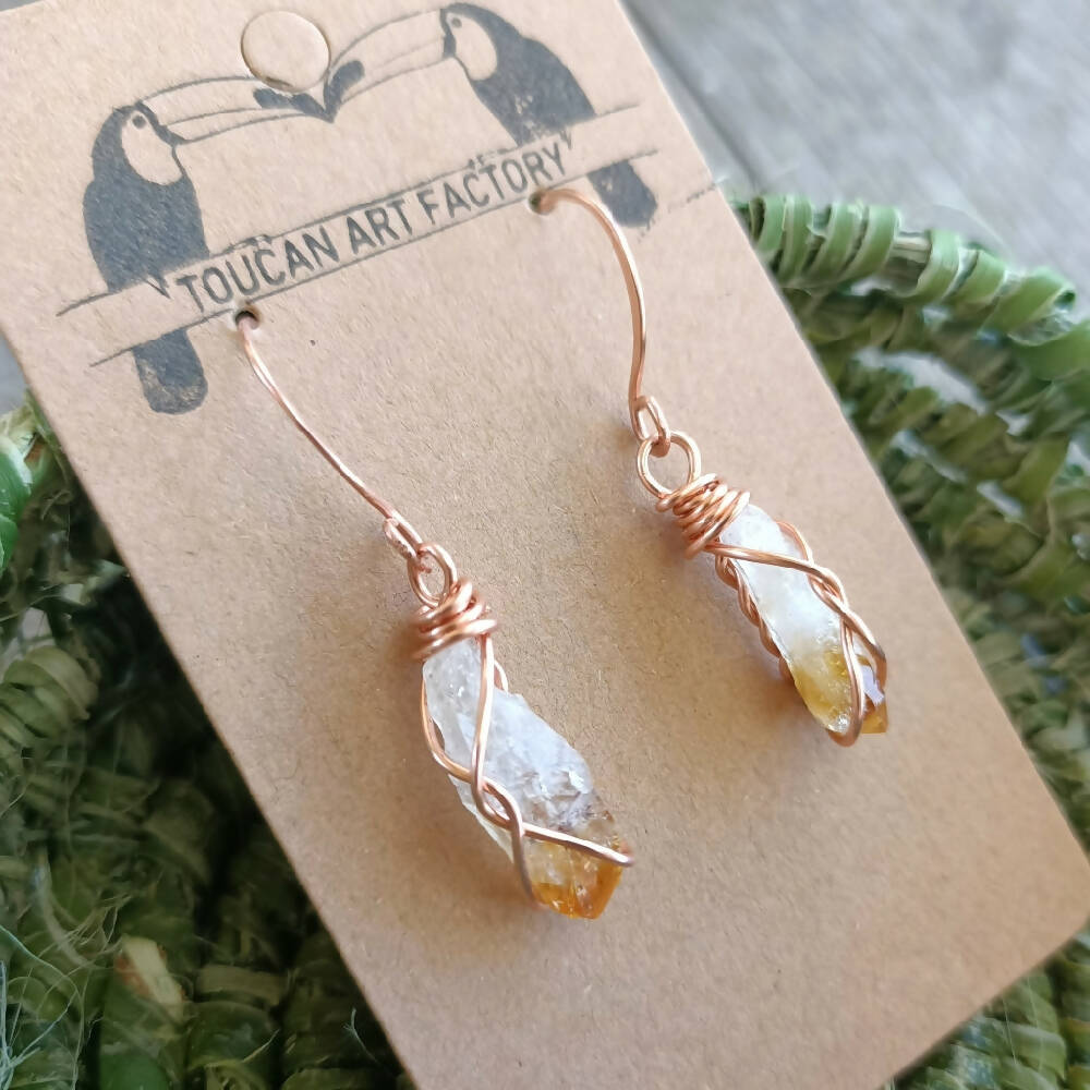 handcrafted citrine gemstone wrapped in copper dangle earrings