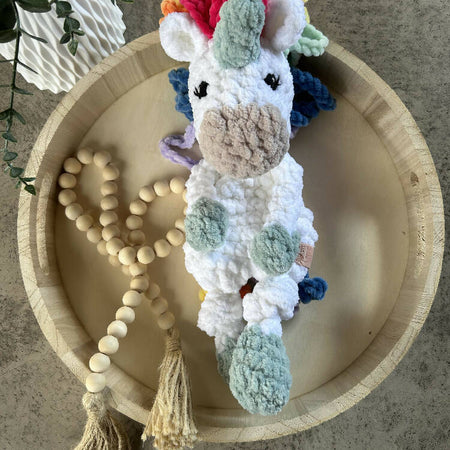 Mini rainbow unicorn Snuggle buddy- crochet plush toy, lovey, comforter.