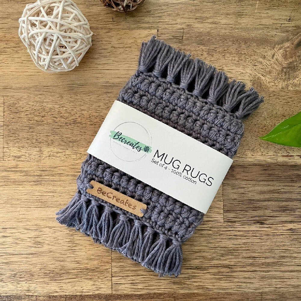 Mug Rug | Crochet Coaster with fringed edge - Steel Grey