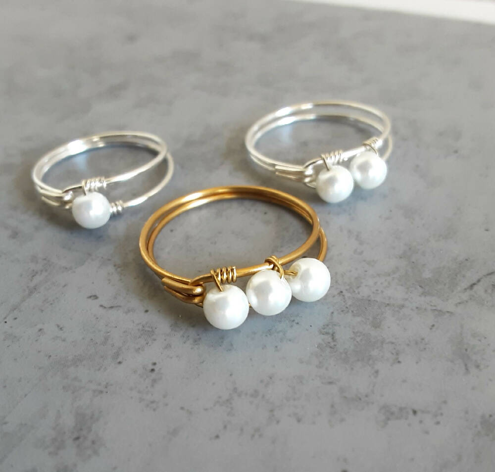 Minimal White Glass Pearl bead wire loop ring