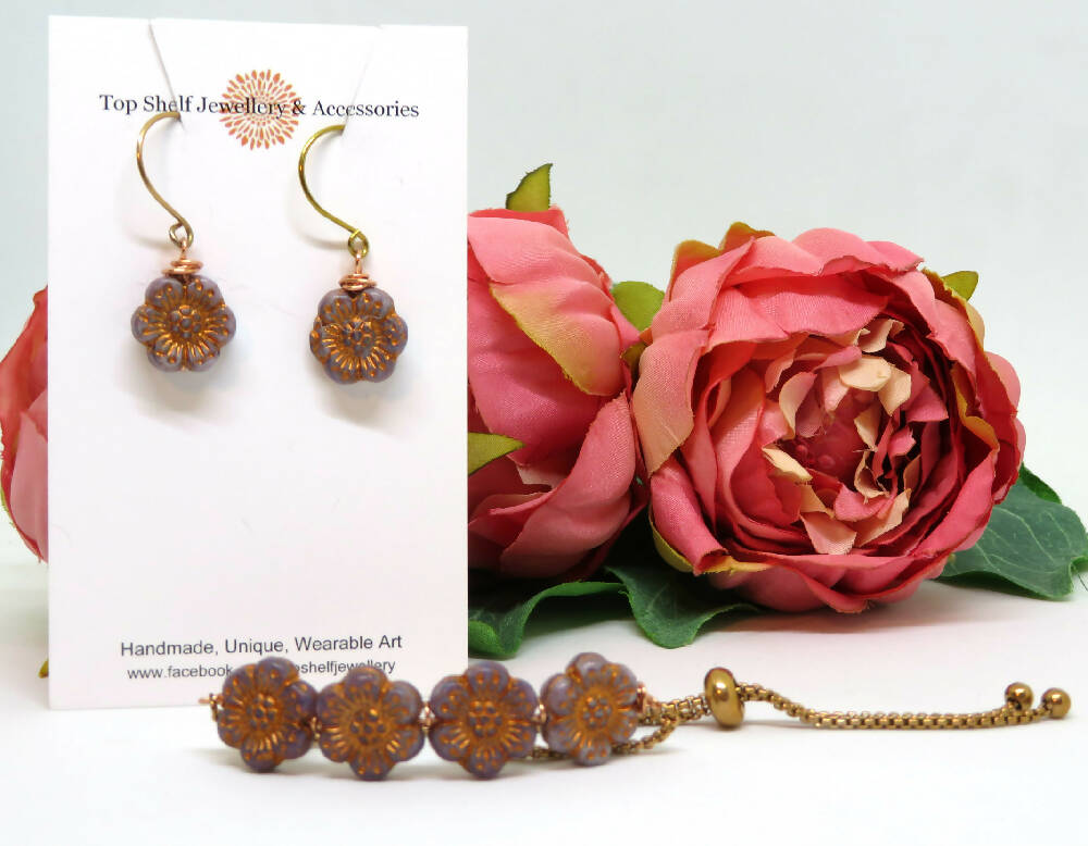 Wild Rose Lilac Copper Wire Wrapped Slider Bracelet and Earring Set