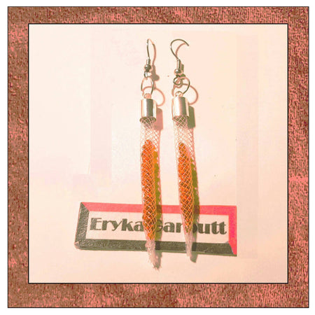 Dangle earring, nylon tube, red beads and silver end caps.