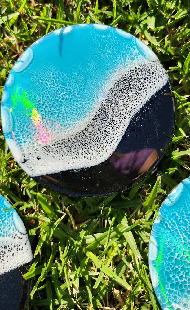 Holographic Black Beach Coasters with Frothy Wave (Set of 4)
