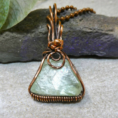Rough Green calcite pendant oxidised copper wire wrapped