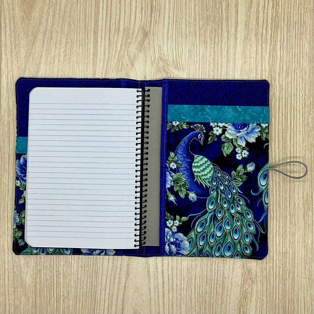 Peacocks refillable A5 fabric notebook cover with bonus book and pen.