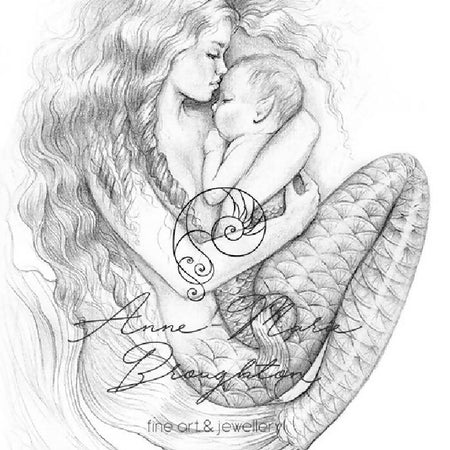 8x10 inch PRINT Rockabye Mother and Baby Mermaid Art Unframed Pencil Drawing
