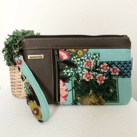 Brown Zipper Clutch with Floral Barkcloth Fabric
