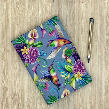 Hummingbirds refillable A5 fabric notebook cover with bonus book and pen.