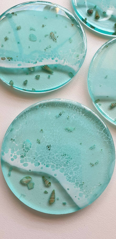 Full Resin Coasters with Shells and Frothy Wave (Set of 4)