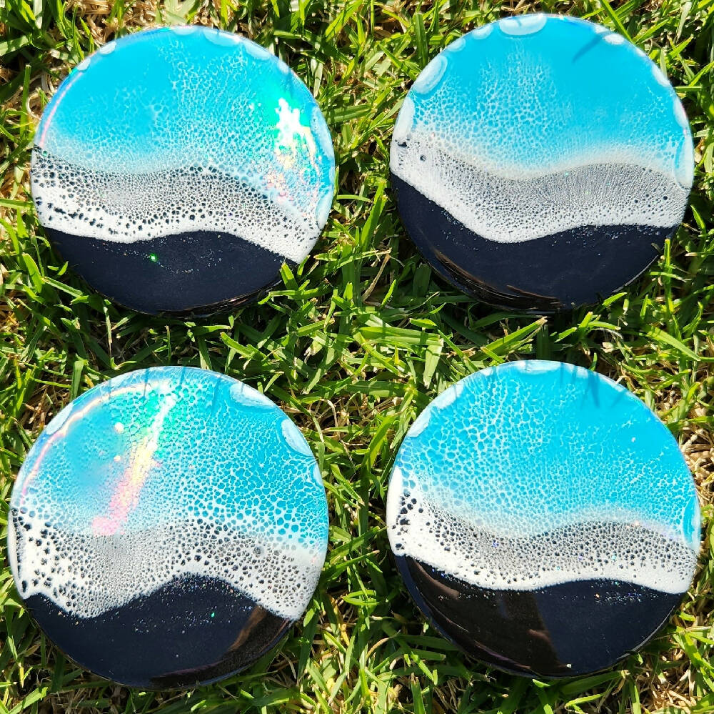 Holographic Black Beach Coasters with Frothy Wave (Set of 4)