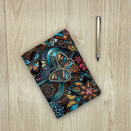 Indigenous Butterflies refillable A5 fabric notebook cover with bonus book and pen.