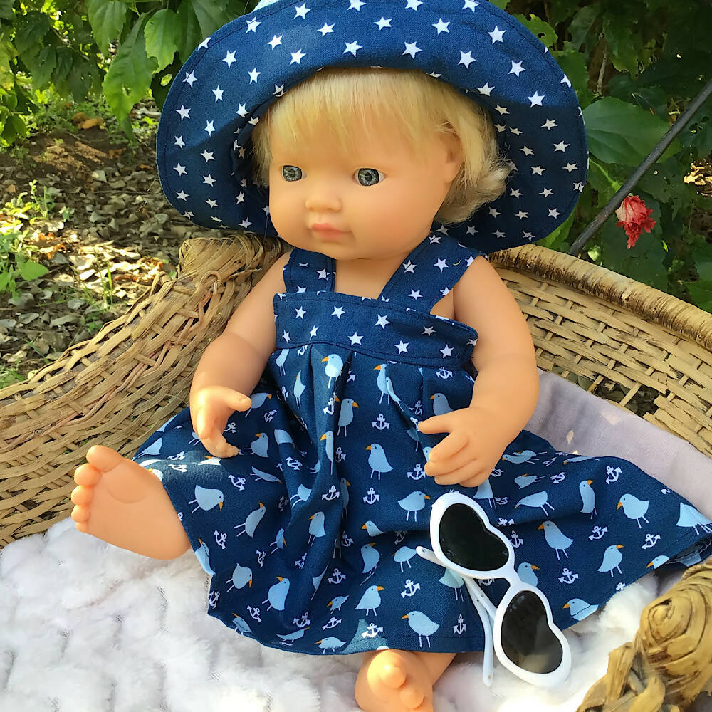 34-43cm dolls Sundress and Sunhat - blue seagulls