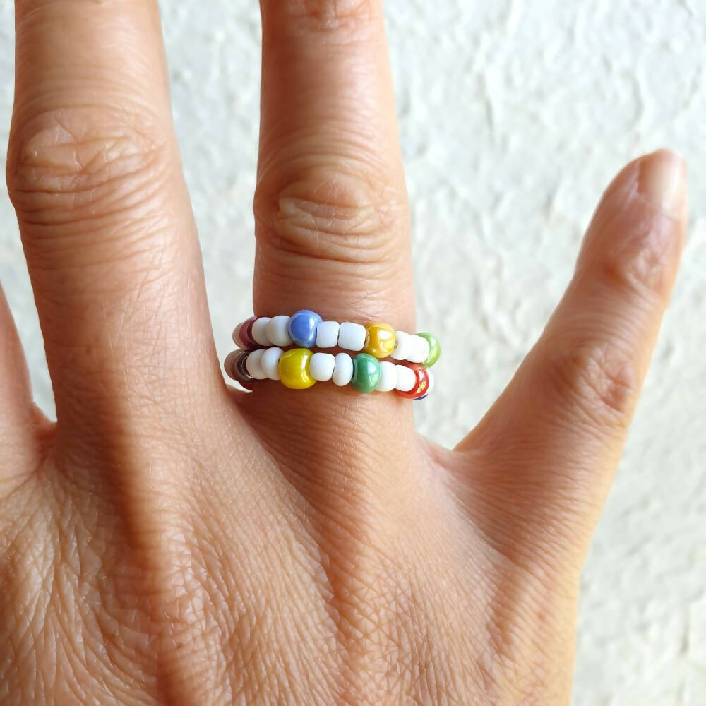 Statement colourful seed bead 2 line memory wire ring , White & Lustered Opaque
