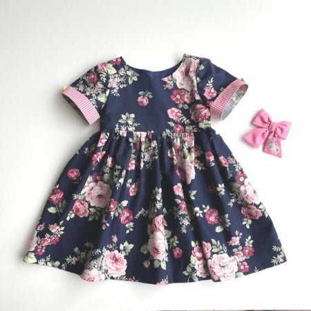 Girls Floral Dress with Candy Stripe Sleeve Trim