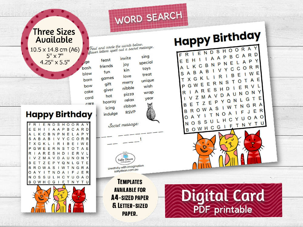 DIGITAL - Printable Birthday Card - WORD SEARCH Puzzle - PDF Download