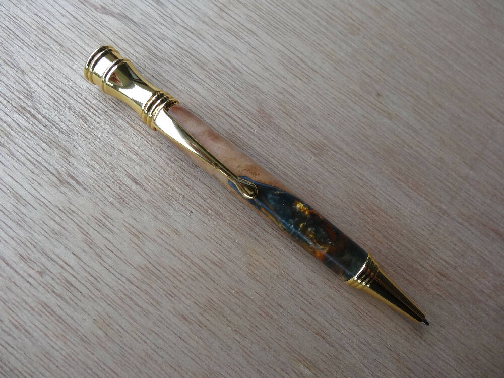 Wood-Resin Dk Gray/Green and Gold mix Swirl Secret Top pen
