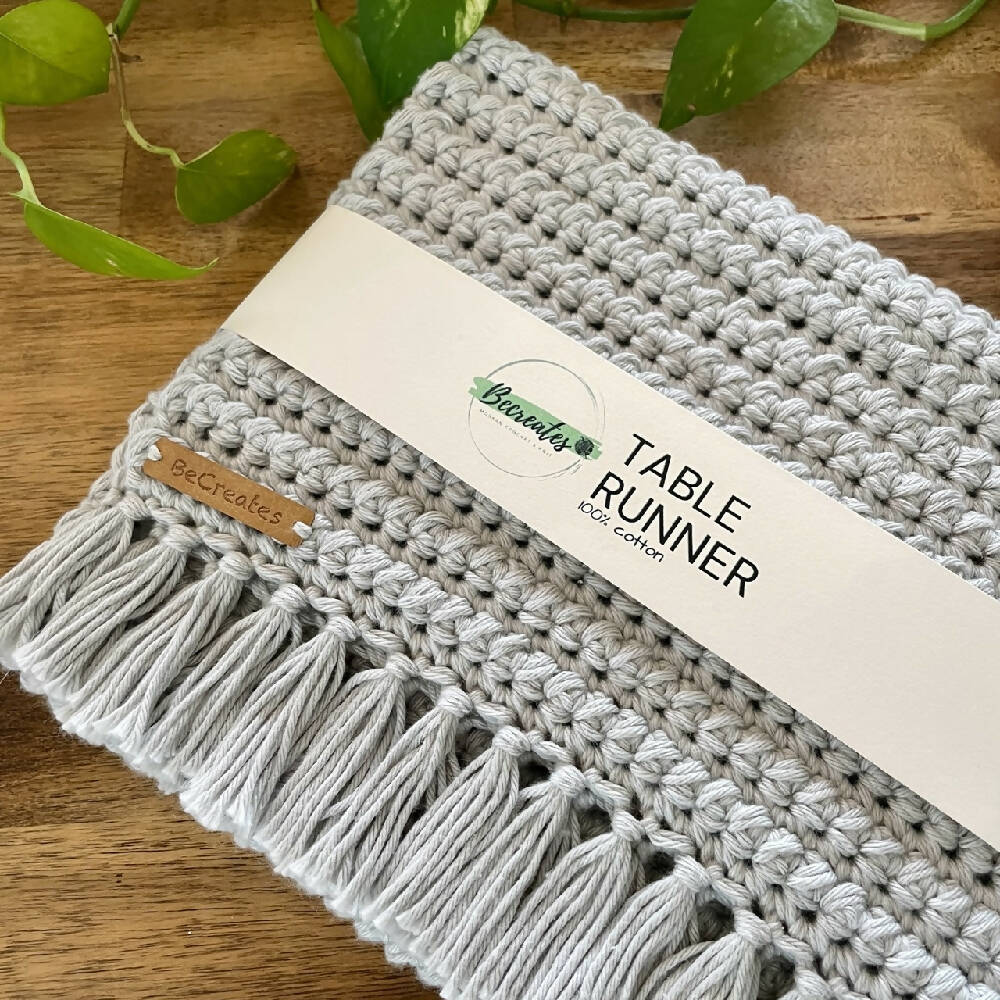 Crochet Table Runner with fringed edge - Sage Green
