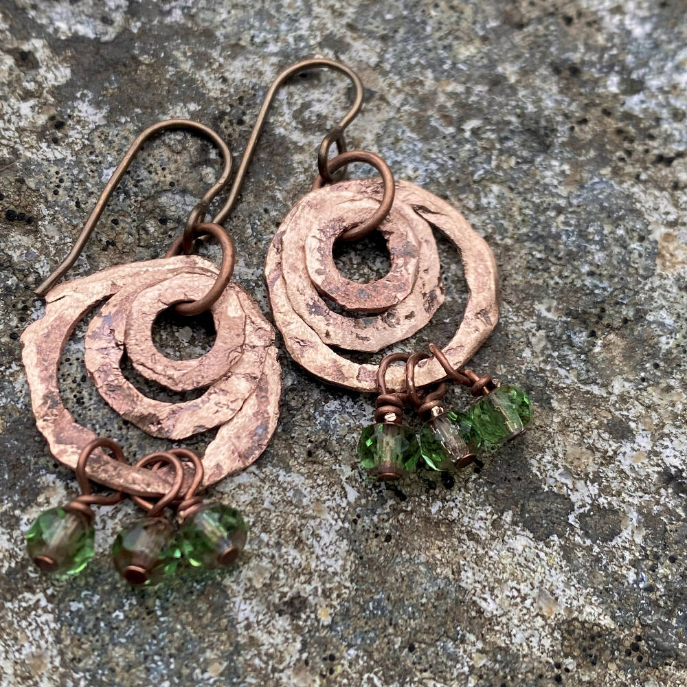 Hand Hammered Copper & Green Bead Earrings