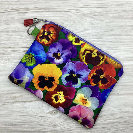 Large Pansies Floral Zip Pouch (21cm x 16cm) Fully lined, lightly padded