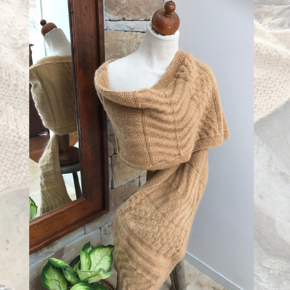 Tan Guernsey wrap. Extra long Scarf. Textured shawl. Knitted Slow fashion.