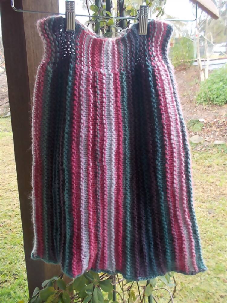 hand knit sideways skirt 100% wool in pink, teal and purple