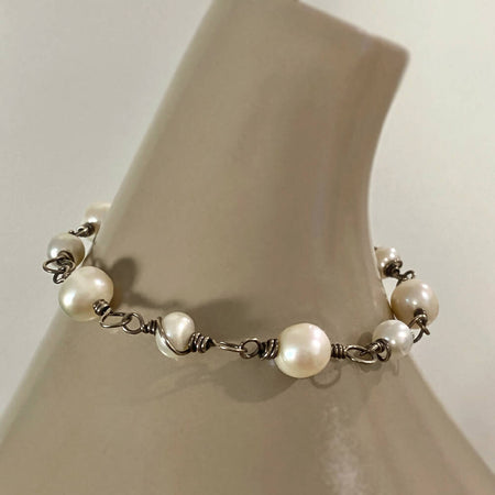Silver Wire Wrapped White Pearl Bracelet
