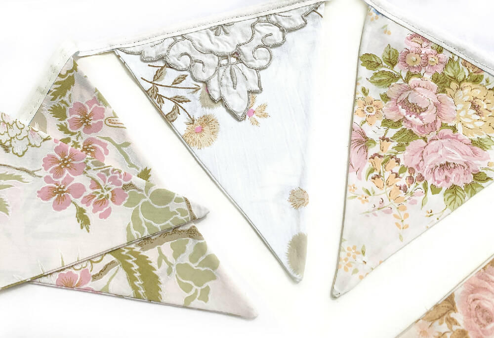 Bunting - Handmade Vintage Retro Pretty Ivory Floral Flags with Embroidery