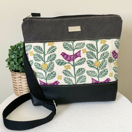 Grey Canvas and Genuine Leather Crossbody Bag with Bird and Leaf Design