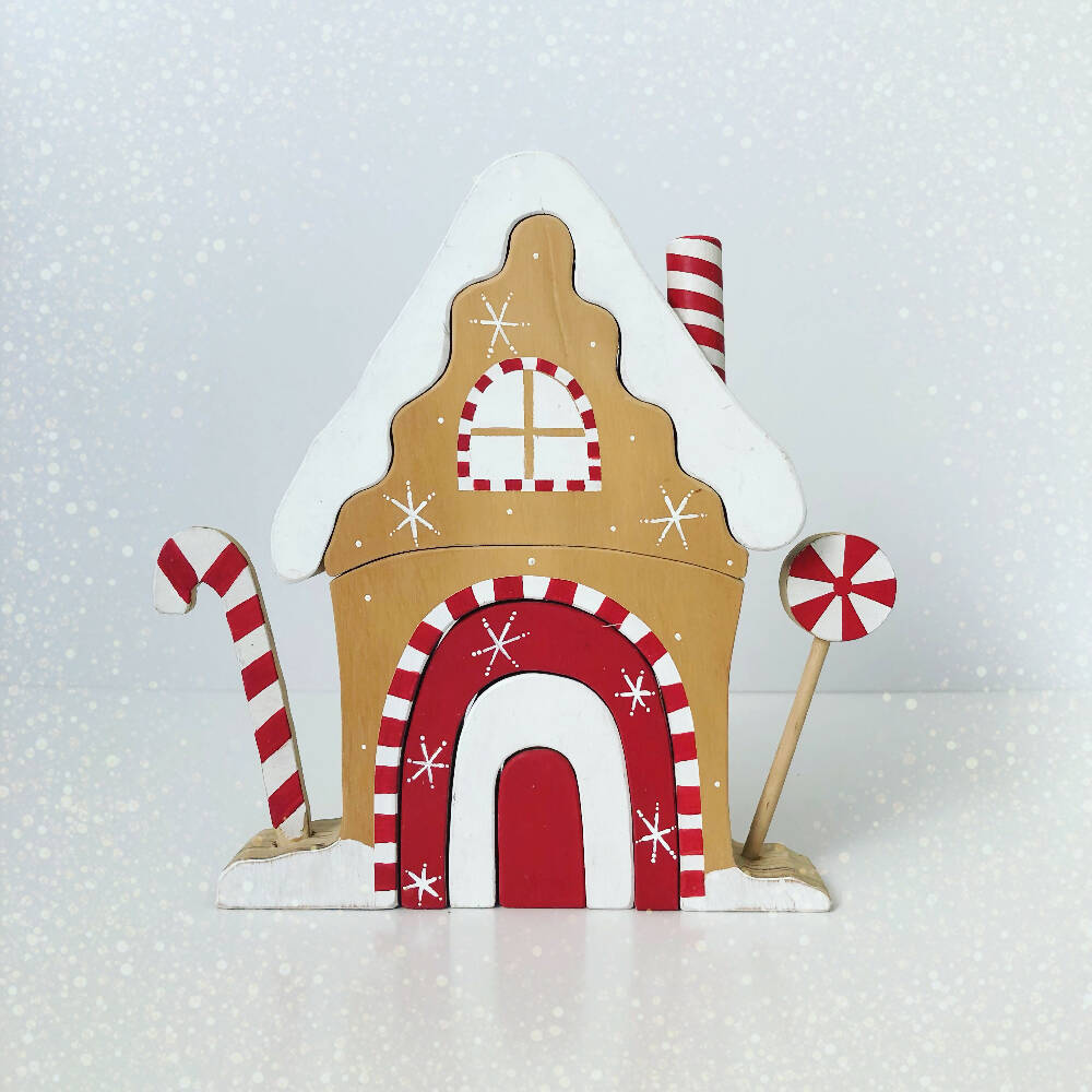 Wooden Gingerbread House Christmas stacker with Rainbow Door.