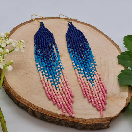 Beaded Earrings Long Fringe Blue Pink