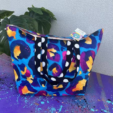 Kasey Rainbow Blue Leopard Print Large Tote Bag