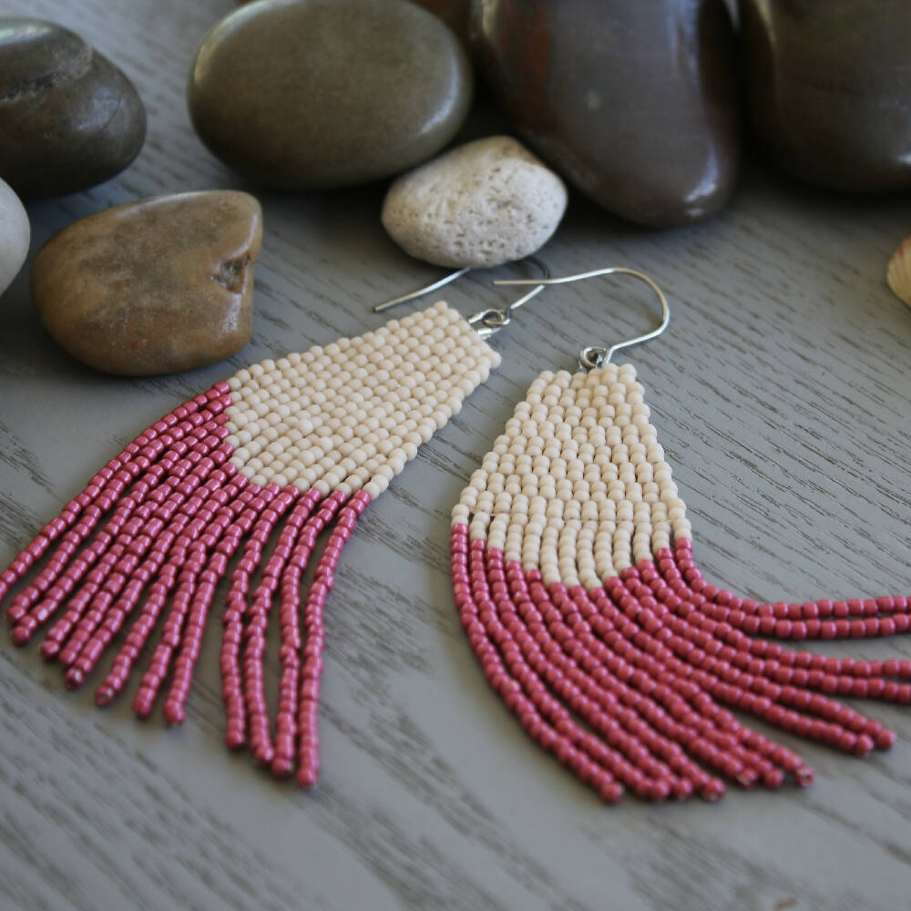 Beaded fringe earrings Rustic rose