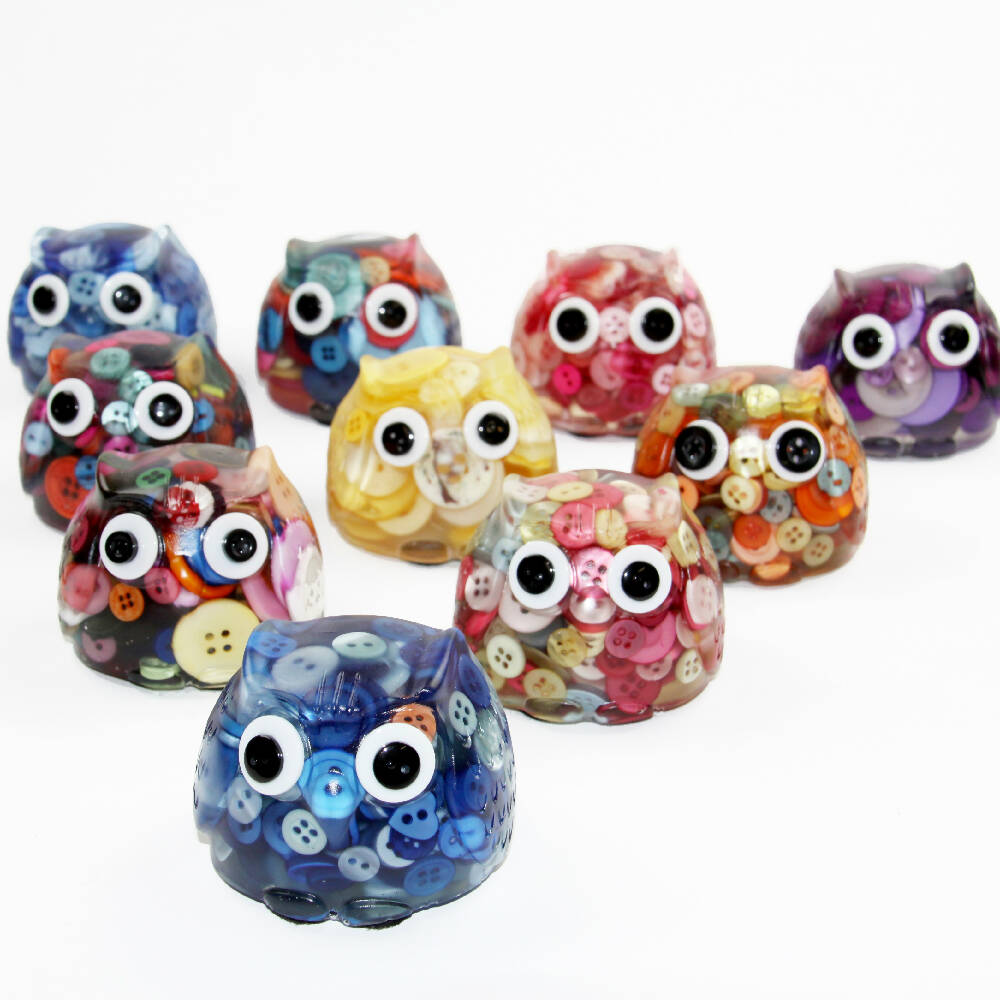 Button Owl - Pink Buttons & Resin - Paperweight - Solid Button Filled Ornament