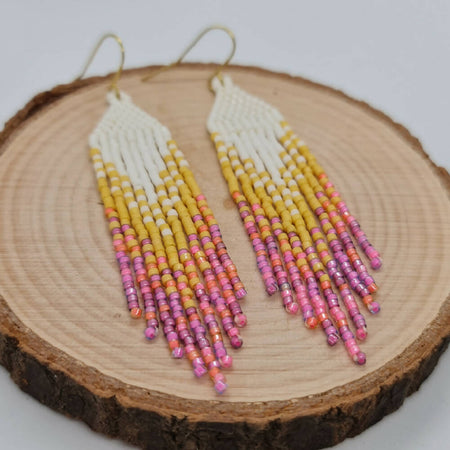 Beaded Earrings Fringe Pink Yellow Dangle